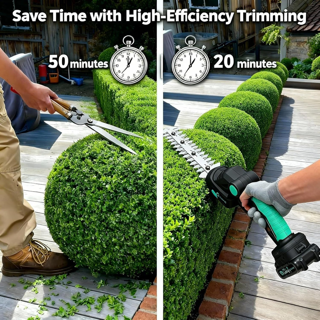 20V Cordless Hedge Trimmer, 2 in 1 Electric Bush Trimmer, Handheld Grass Shear with 2×2.0Ah Rechargeable Batteries &