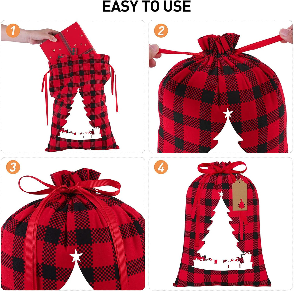 6 Pieces Christmas Drawstring Gift Bags Red and Black Plaid Drawstring Bags with 24 Kraft Paper Tags and 16 Feet Rope
