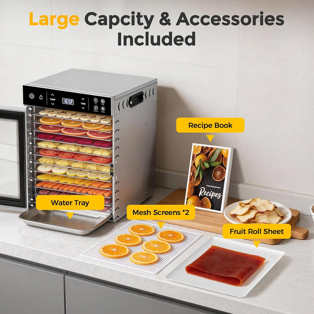 12-Tray Food Dehydrator, Stainless Steel, 4 Presets for Jerky&Fruit