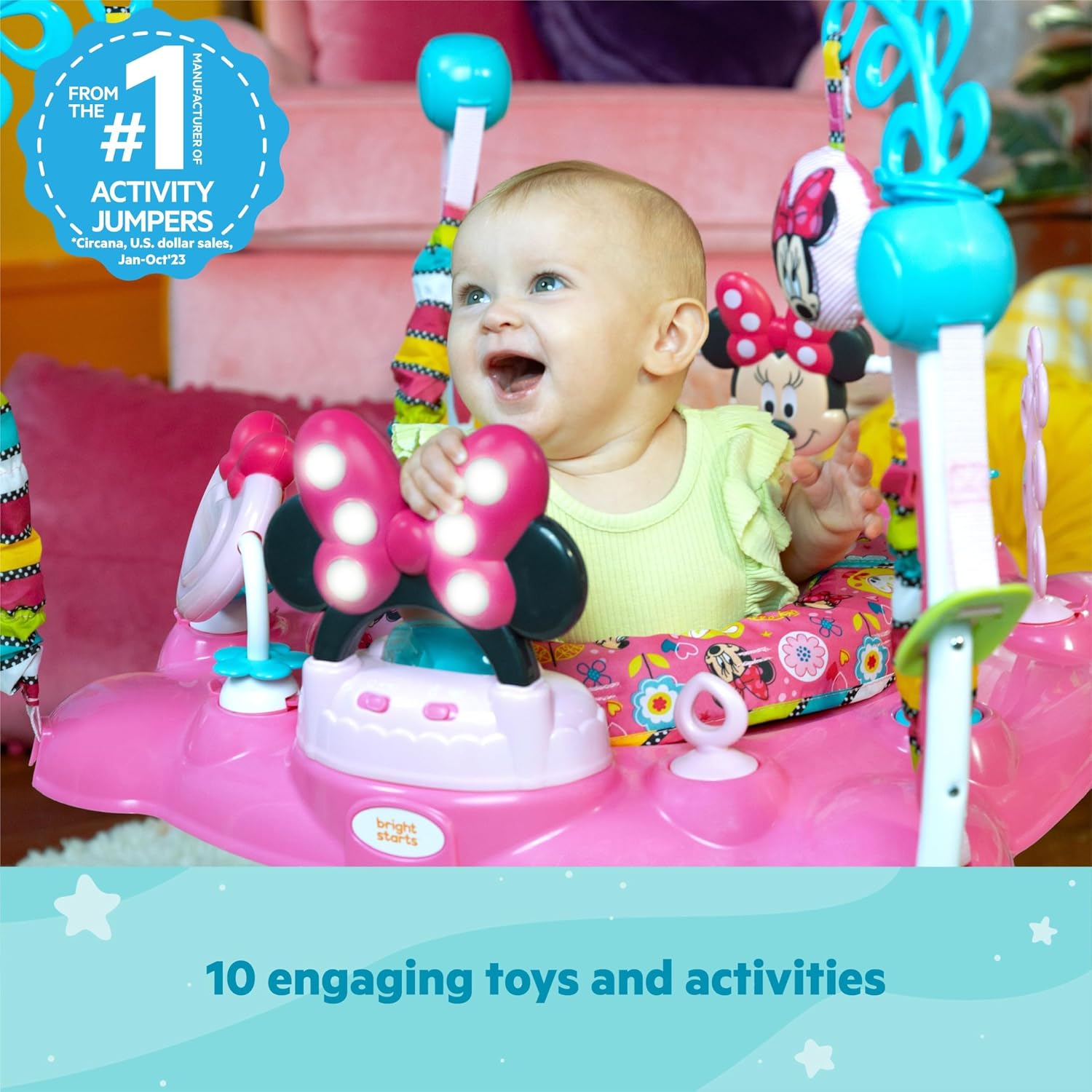 Disney Baby MINNIE MOUSE PeekABoo Baby Activity Center Jumper with 8 Toys, Lights & Sounds, 360-Degree Seat, 6-12