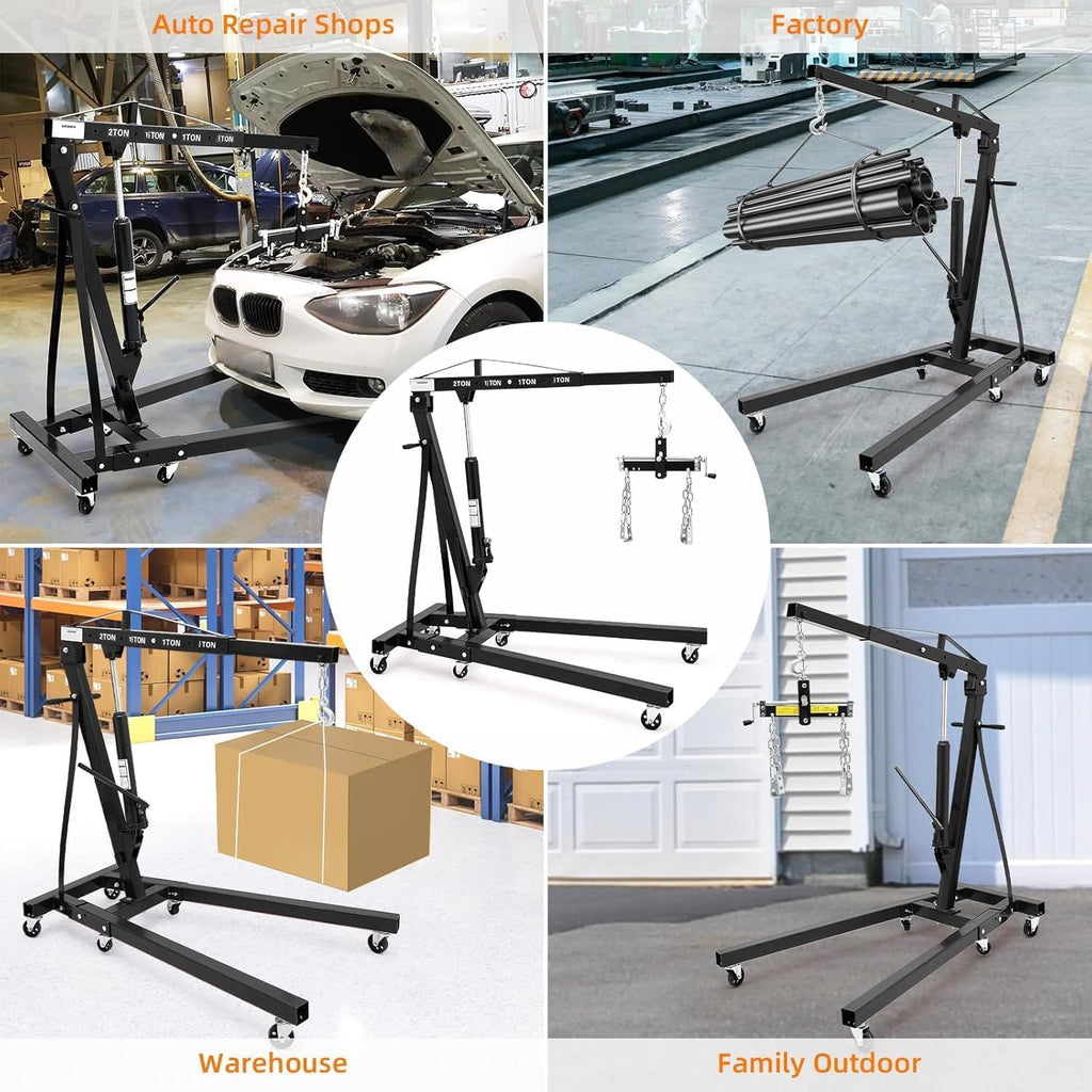 2 Ton Engine Hoist, Hydraulic Cherry Picker Engine Crane, Black