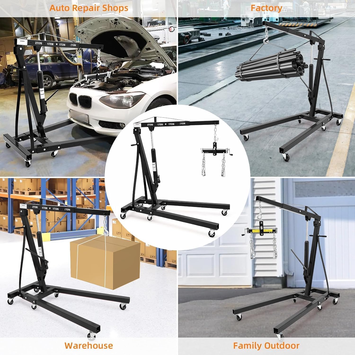 2 Ton Engine Hoist, Hydraulic Cherry Picker Engine Crane, Black