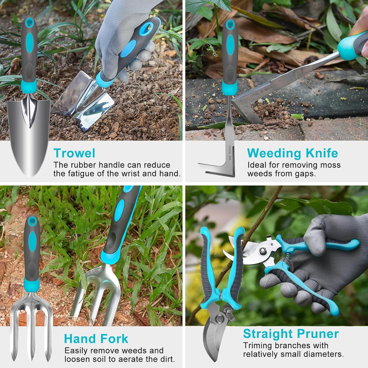 Gardening Tools, Carsolt 10 Piece Heavy Duty Stainless Steel Garden Tools Set with Ergonomic Rubber Handle. Variety