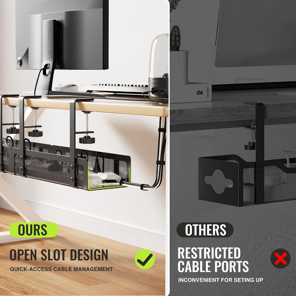 [Upgraded] 2 Pack Cable Management Under Desk Tray, Xpatee 27.6" No Drill Open Slots Cable Management Tray, Cord Wire