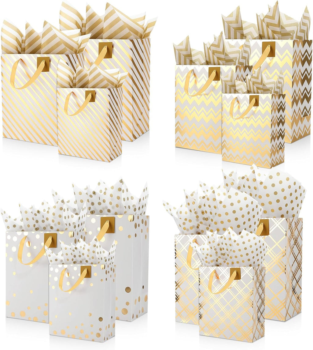 12 Pcs Assorted Gift Bags with Handles Metallic Gold,White.gold