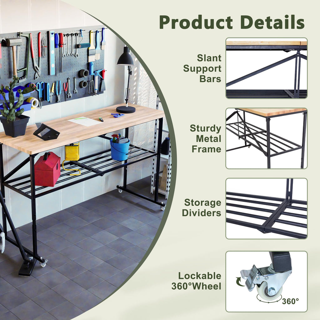 68.5" Adjustable Workbench, Heavy Duty Folding Work Table with Wheels, Workshop Tool Bench 2000 LBS, Metal with