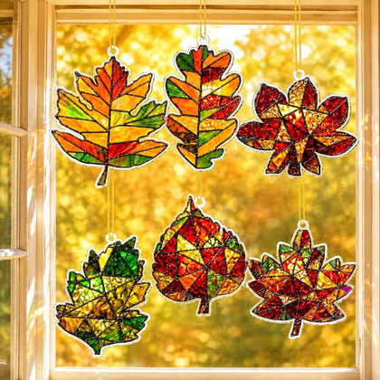 6 Pcs Fall Window Decor Acrylic Maple Leaf Suncatcher Tree Ornaments Stained Glass Style Waterproof Fall Decoration