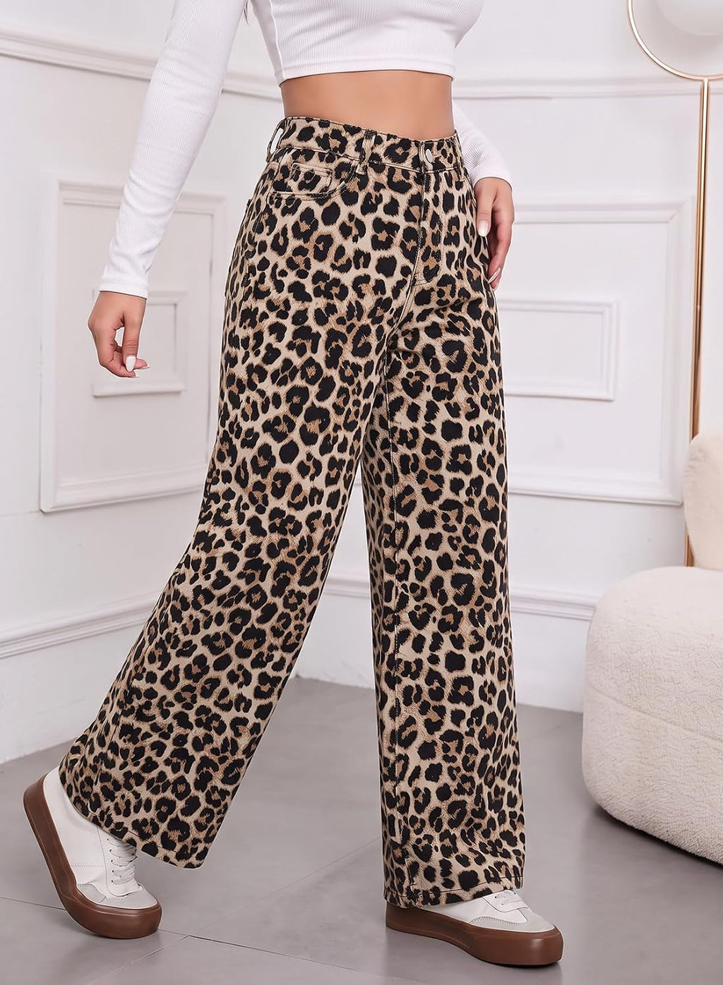 Women's High Waisted Jeans Wide Leg Leopard Print Denim Pants