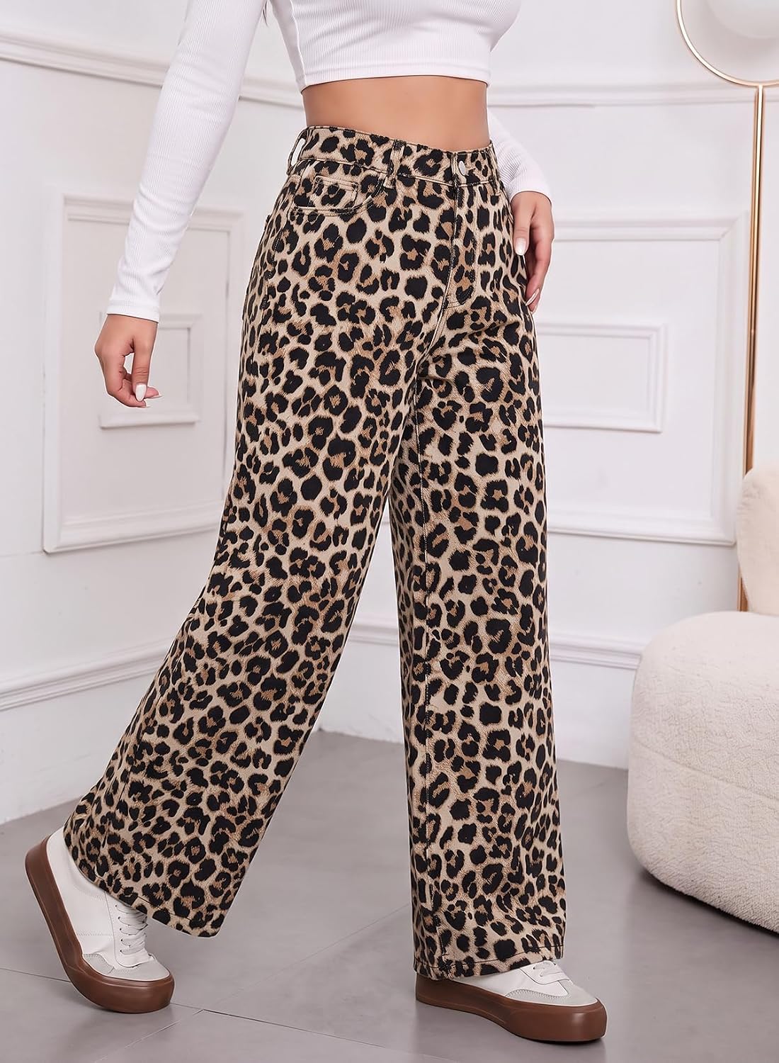 Women's High Waisted Jeans Wide Leg Leopard Print Denim Pants