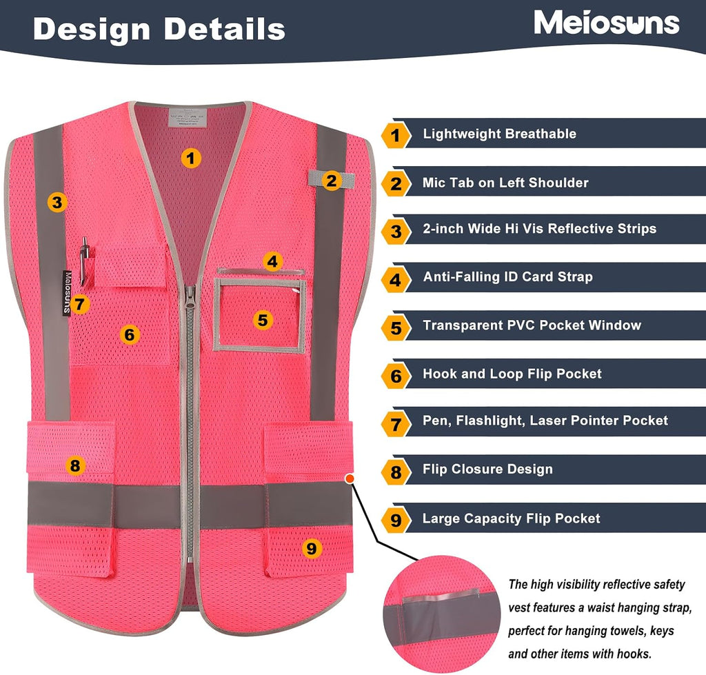 High Visibility Reflective Safety Vest with Zipper Hi Vis Mesh Safety Vests with Pockets Meets ANSI/ISEA Standards