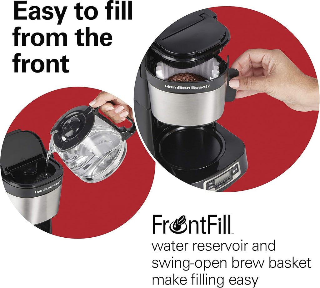 5 Cup Drip Coffee Maker with Easy FrontFill Basket | Compact Design | Programmable Clock | Glass Carafe | Auto Pause