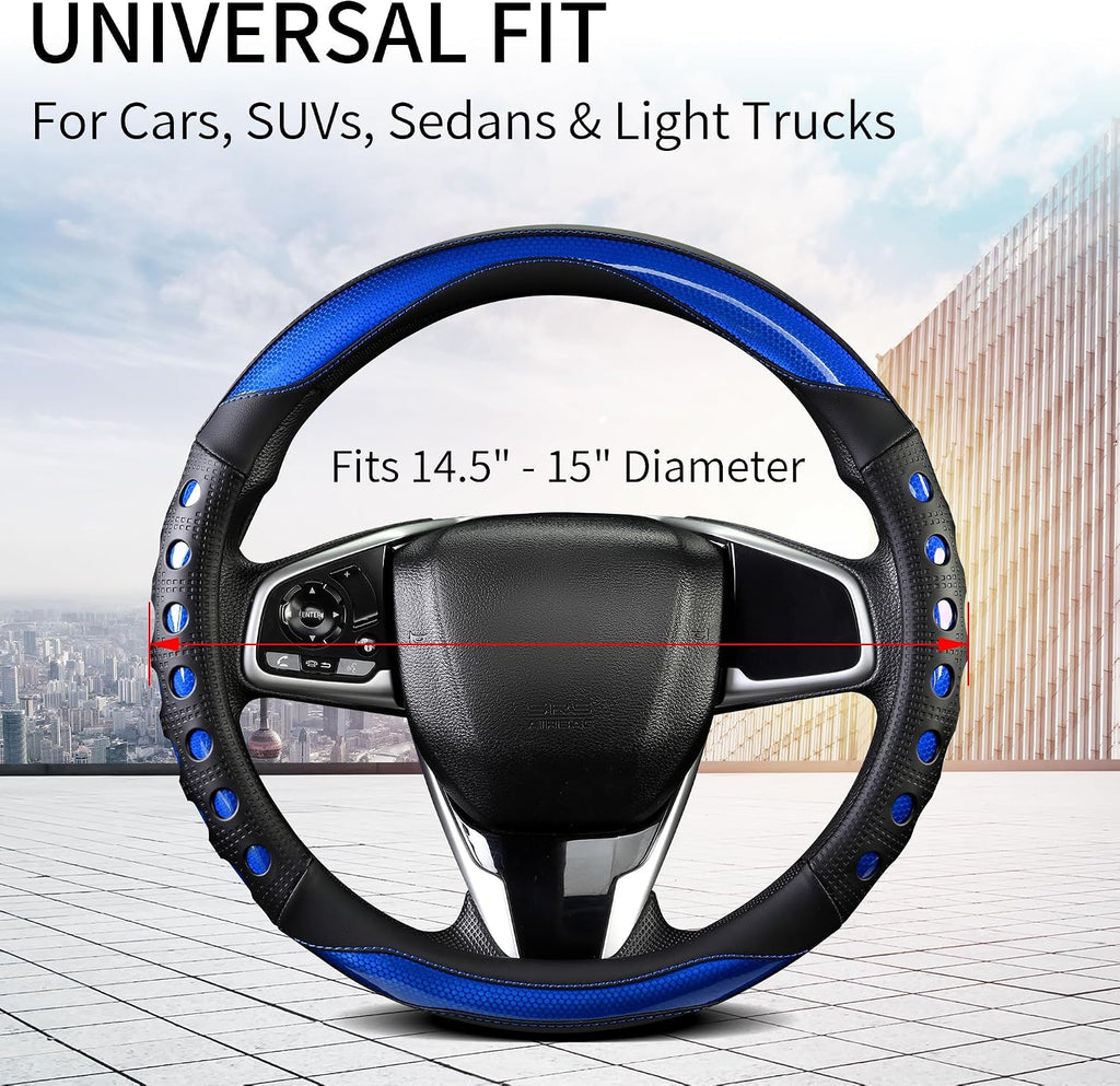 PU Leather Car Steering Wheel Cover with Anti-Slip Grip, for Women and Men, Universal Fit for 14.5-15 Inch Cars