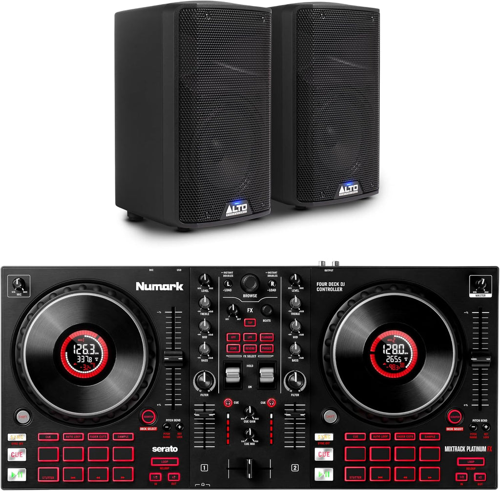 Mixtrack Platinum FX DJ Controller and ALTO TX408 Powered PA Speakers Pair for Live Music, DJ sets, Events, Music