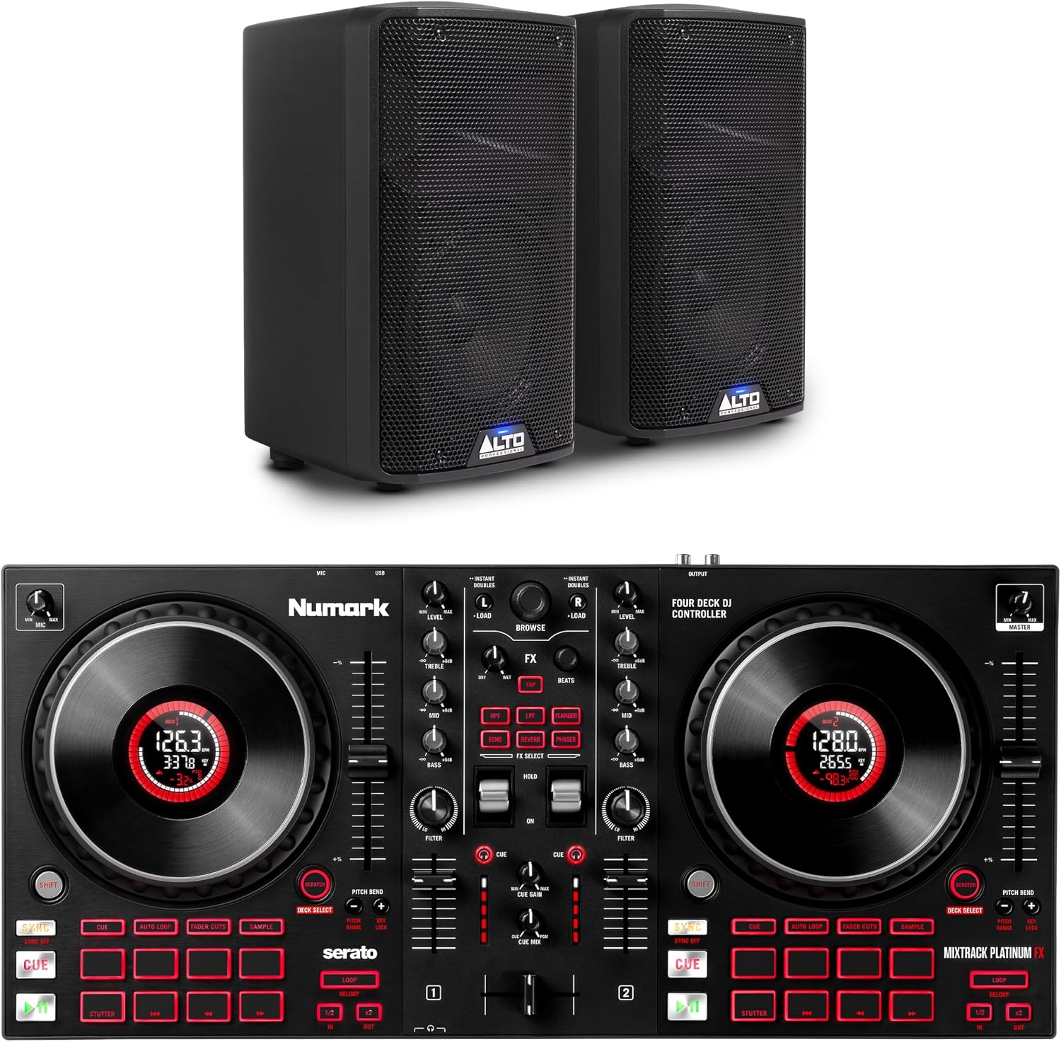 Mixtrack Platinum FX DJ Controller and ALTO TX408 Powered PA Speakers Pair for Live Music, DJ sets, Events, Music