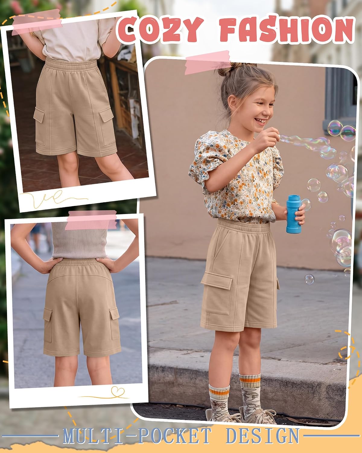Girls Cargo Shorts | Wide Leg, Knee Length, Baggy, Bermuda, Uniform Shorts