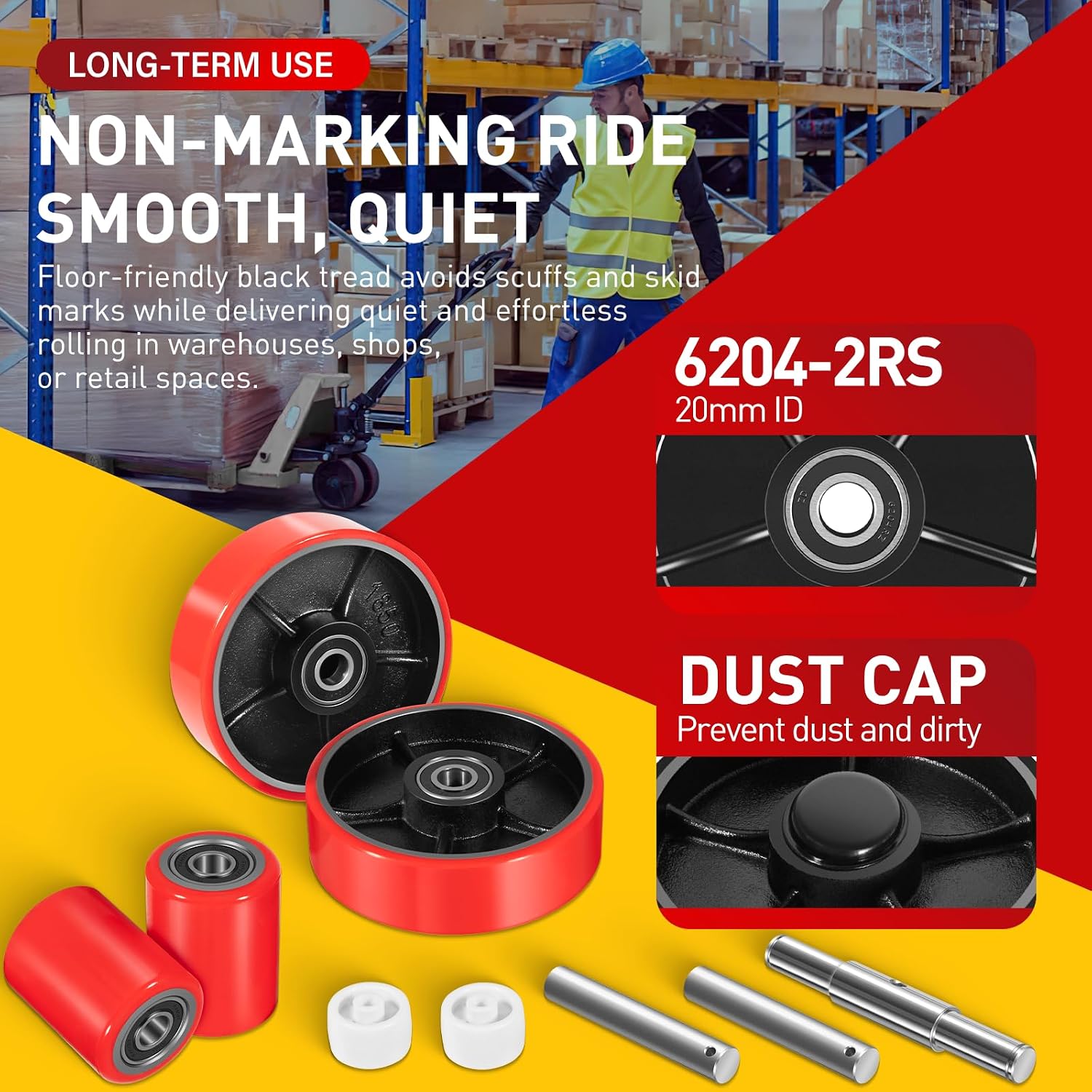 Pallet Jack Wheels Set for Most Manual Pallet Jacks, Full Set with Axles, Pair of Steering Wheels 7"x 2" and Load