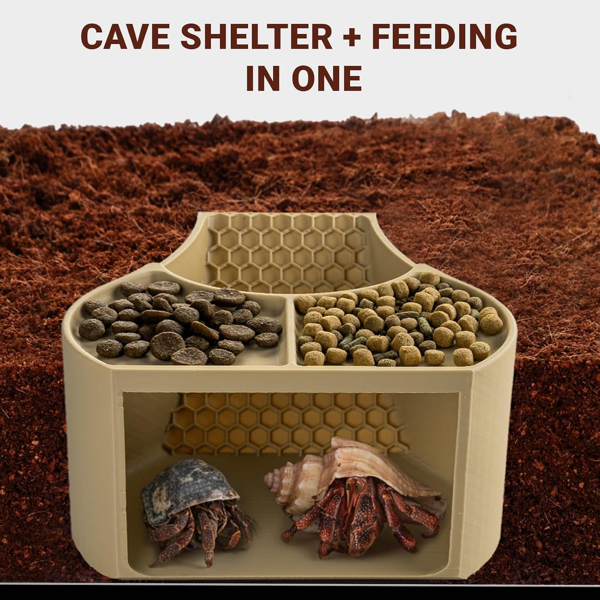 Hermit Crab Habitat Shelter with Dual Food Bowls, 2-in-1 Cave Shelter & Feeding Dish, Textured Climbing Ramp &