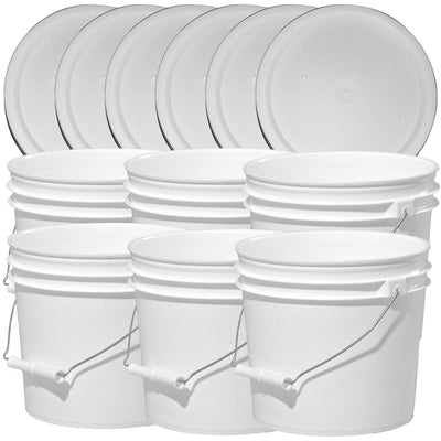 Illing Company Premium 1 Gallon Bucket, HDPE, White, 6 Pack with Matching Lids, All Purpose Pail, No BPA Plastic