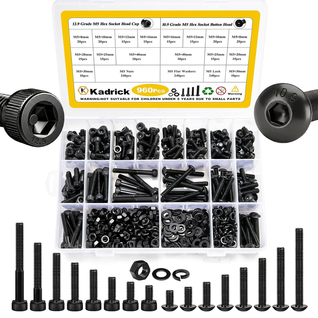 KADRICK 960PCS M5 Screws Assortment,Hex Socket Button & Cap Head M5 Bolts