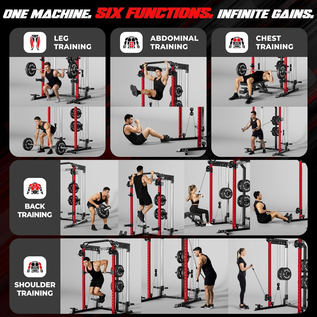 C21 Power Cage, 2000LBS Multi-Function Power Rack with Independent Dual Pulley System, All-in-One Squat Rack for