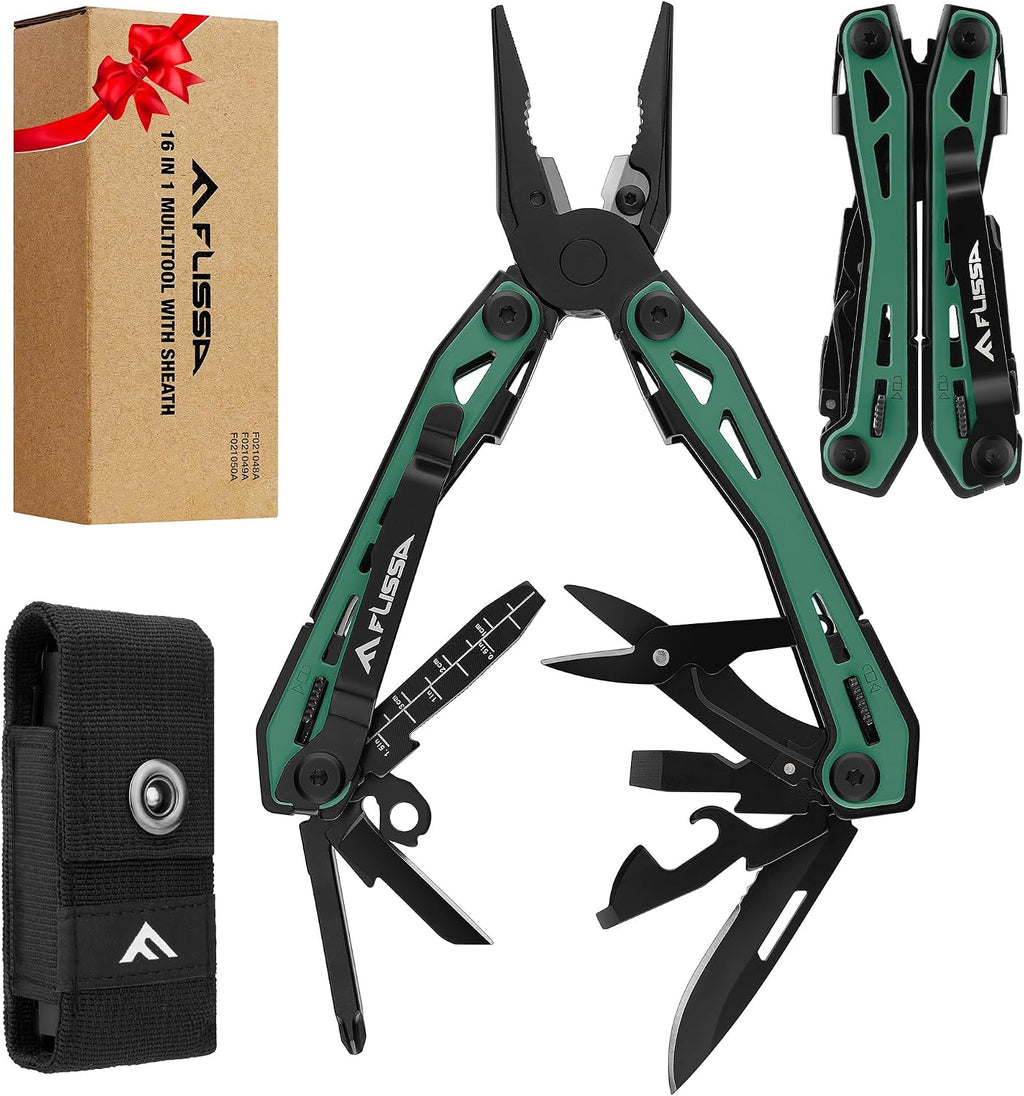 16-In-1 Multi-Tool Pliers, EDC Multitool, Multipurpose Tool, Green | Gift for Men, Stainless Steel, Pocket Knife