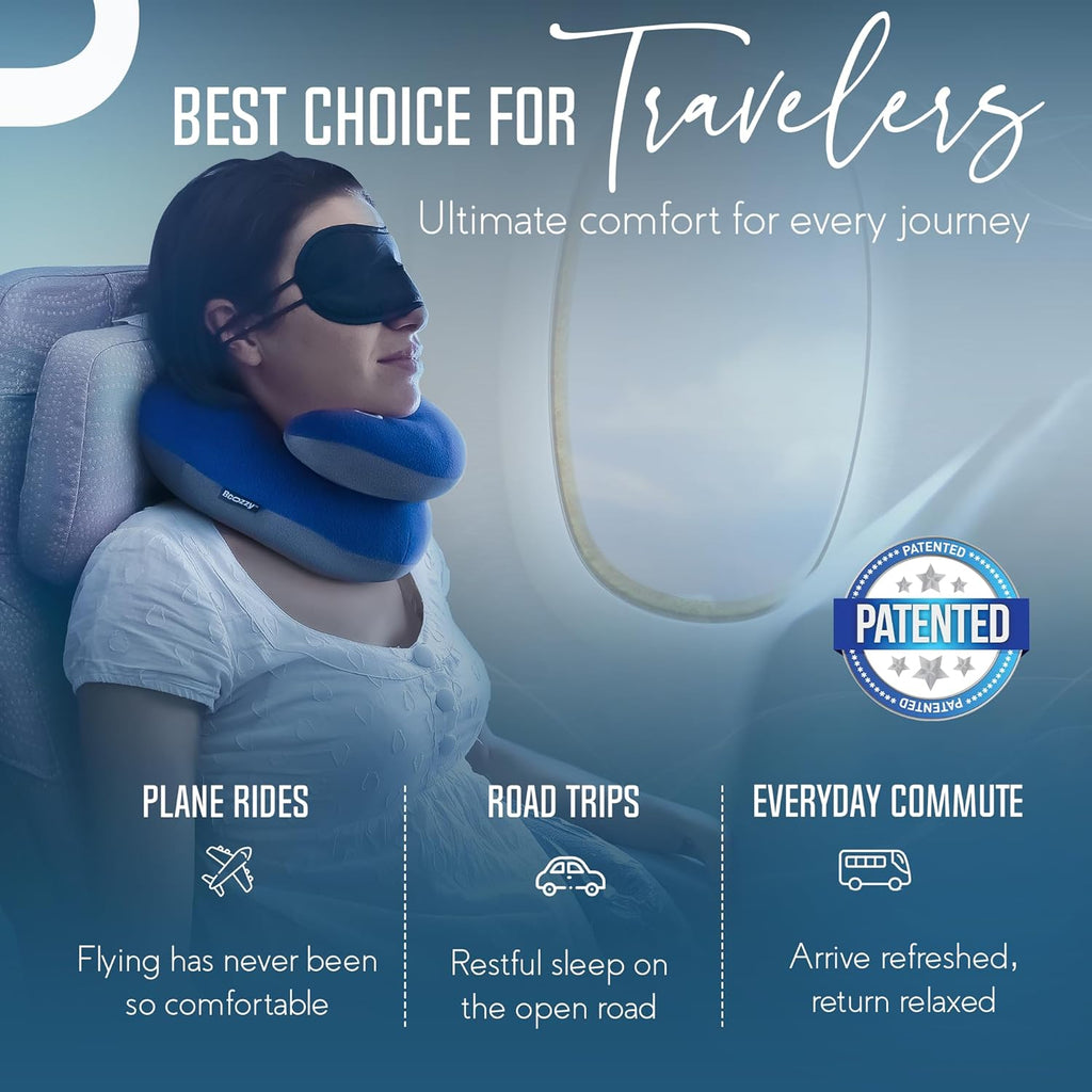 Travel Neck Pillow for Airplane – Patented Double Support for Head, Neck, and Chin. Best for Long Flights, Plane