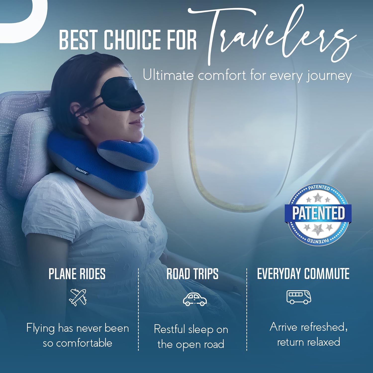 Travel Neck Pillow for Airplane – Patented Double Support for Head, Neck, and Chin. Best for Long Flights, Plane