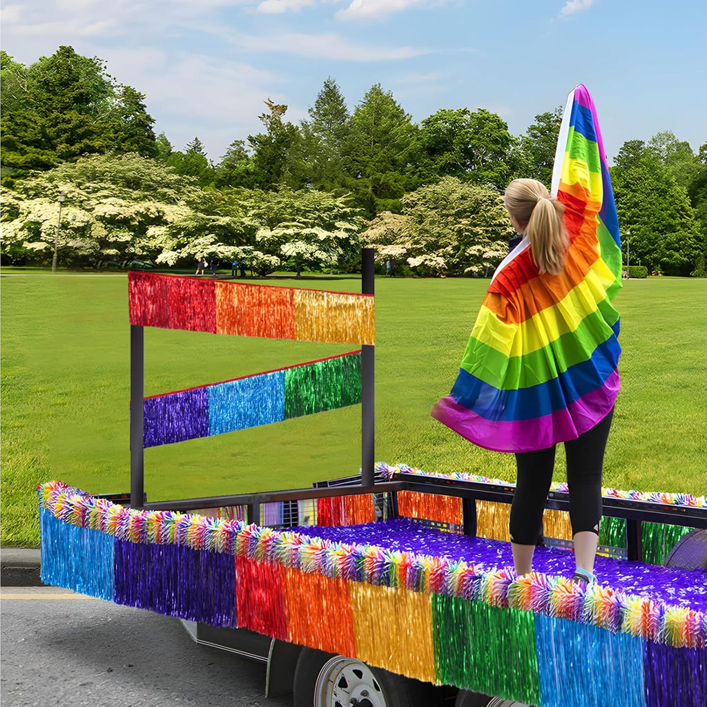 Rainbow Foil Fringe Garland Party Decorations, 12 Feet Rainbow Tinsel Metallic Glitter Banner, Hanging Table Skirts
