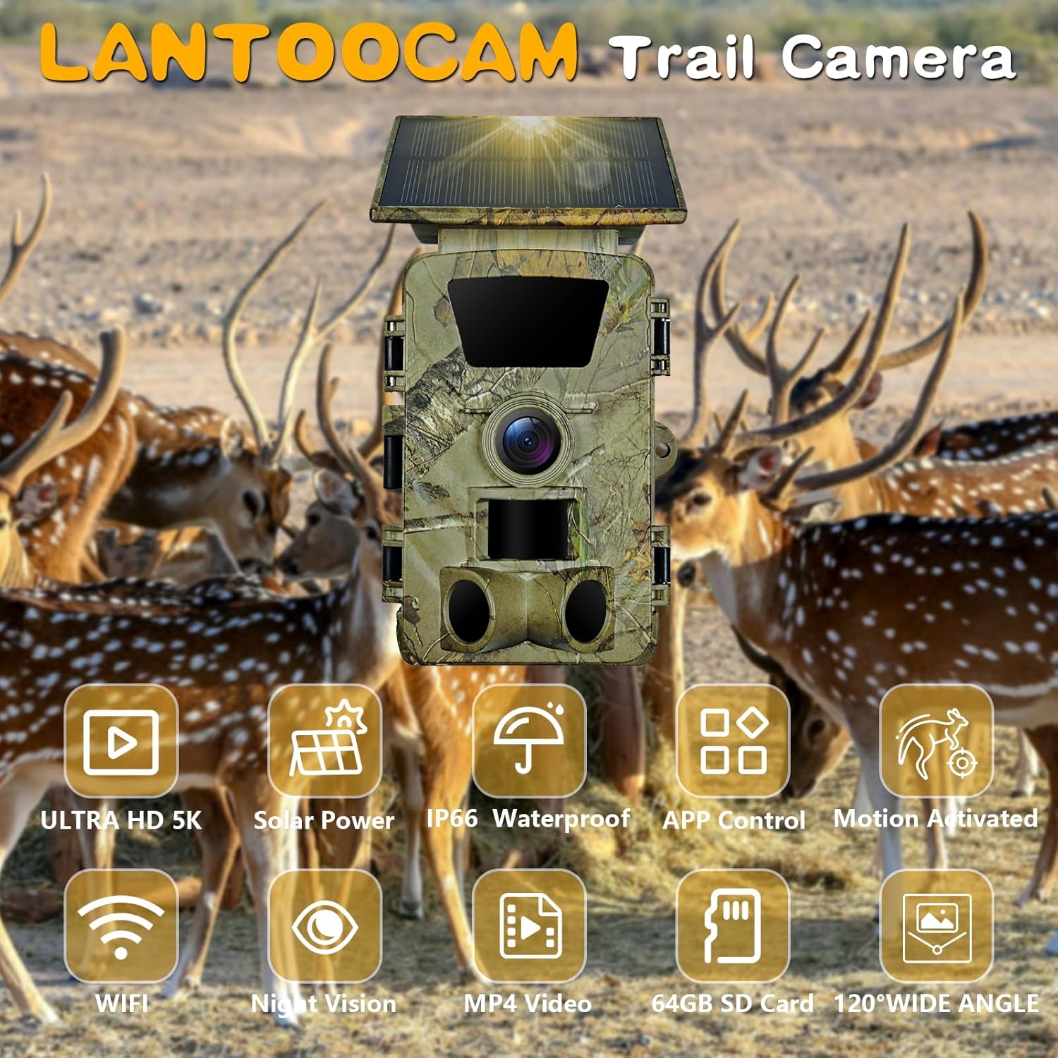 Solar Trail Camera, 5K 60MP WiFi Bluetooth Night Vision Game Camera | 5200mAh Battery, Rechargeable, 64GB SD Card