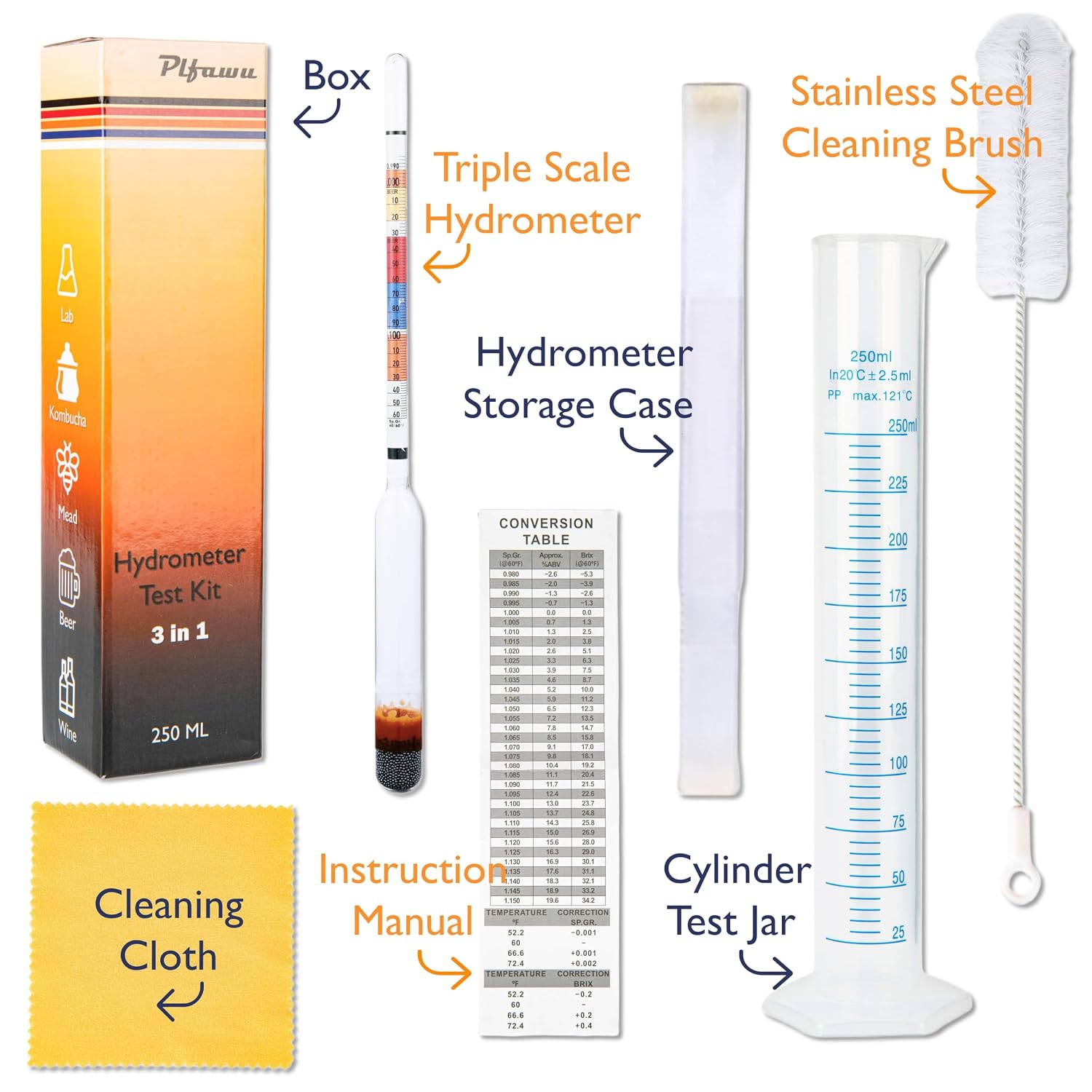 Triple Scale Lab Hydrometer Kit Glass Jar Cylinder ABV Brix SG Tester Beer Wine Brewing Supplies