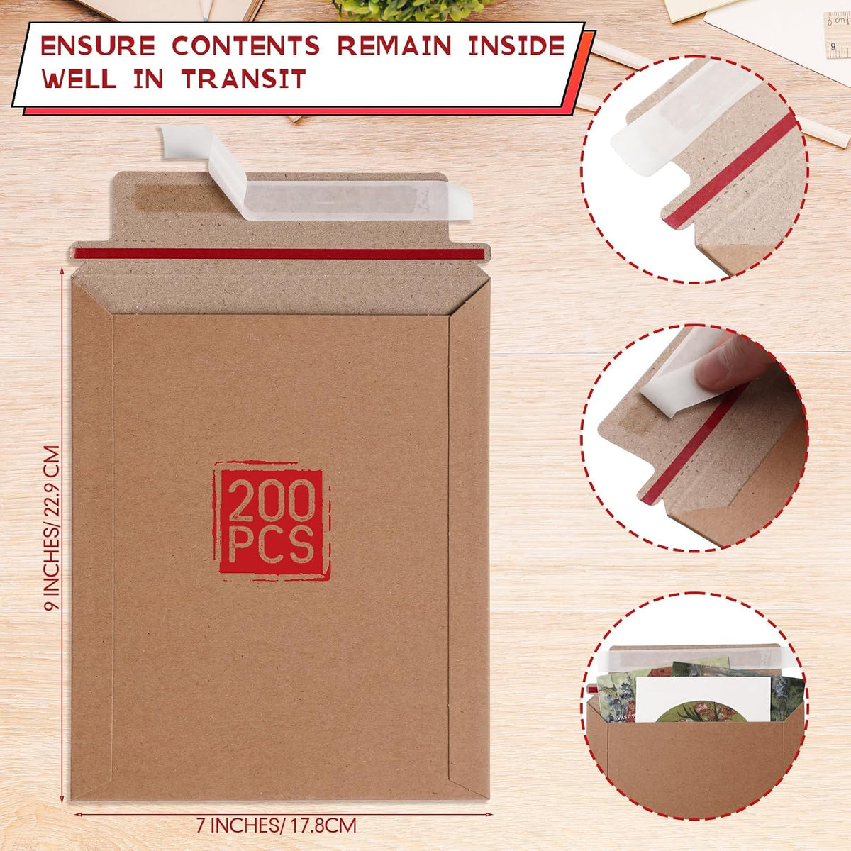 200 Pcs 7 x 9 Inch Rigid Mailer Cardboard Envelope Bulk, Kraft Color