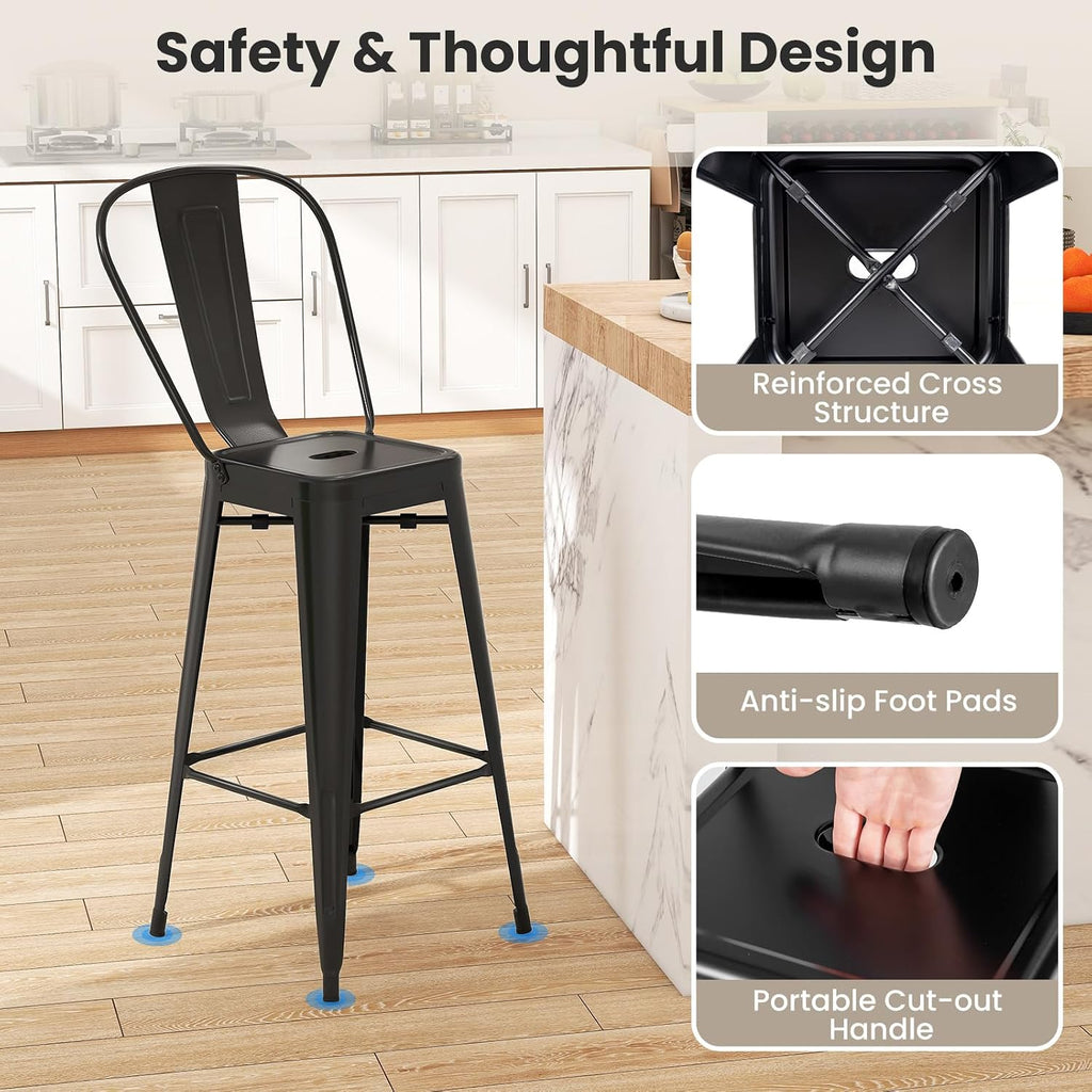 30 Inch Stackable Metal Bar Stools Set of 4 with High Backs, Black