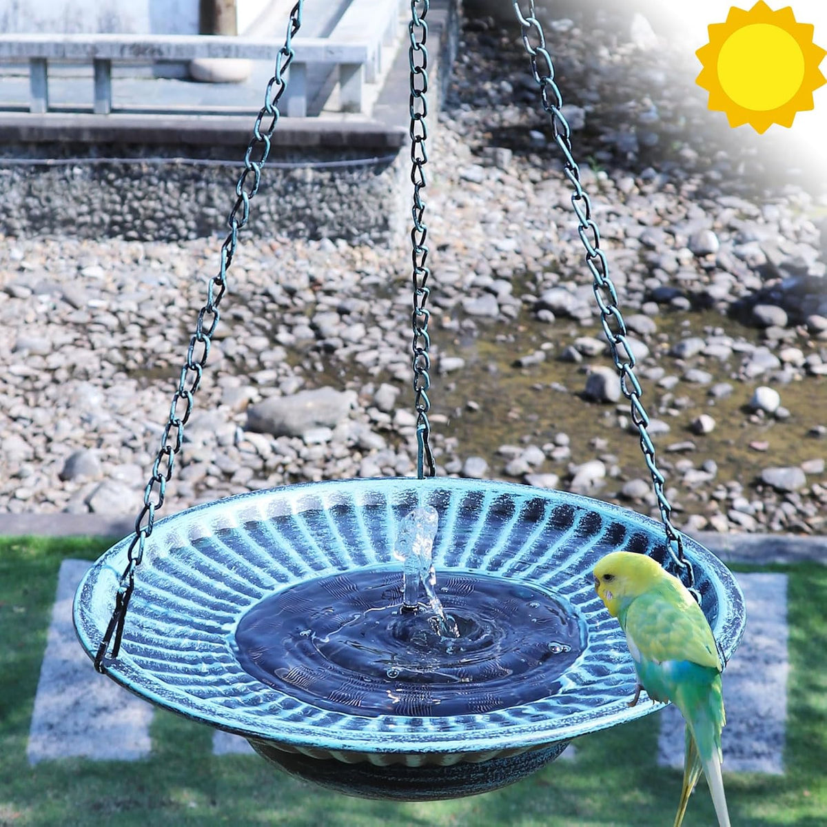 12" Hanging Solar Bird Bath, Metal Solar Bird Bath Fountain (Blue)