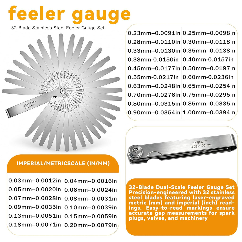 32 Blades Stainless Steel Feeler Gauges Set