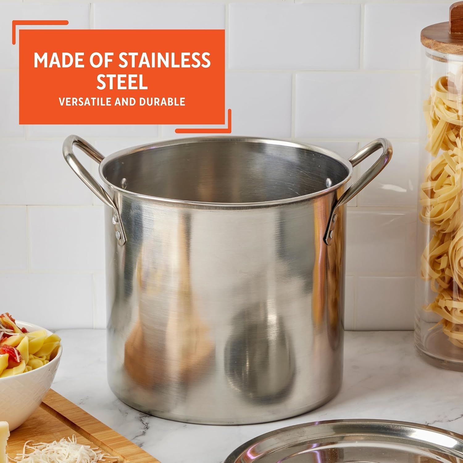 USA Stainless Steel Stock Pot with Lid 12-Quart, Silver | Mirror-Polished Finish, Riveted Side Handles with Lid