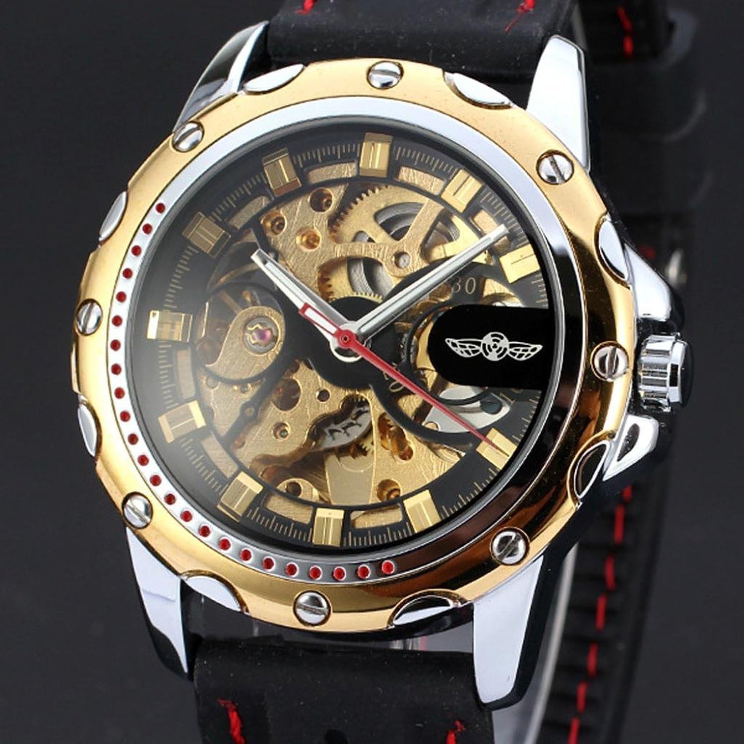 Black Silicone Golden Skeleton Automatic Mechanical Mens Sport Watch
