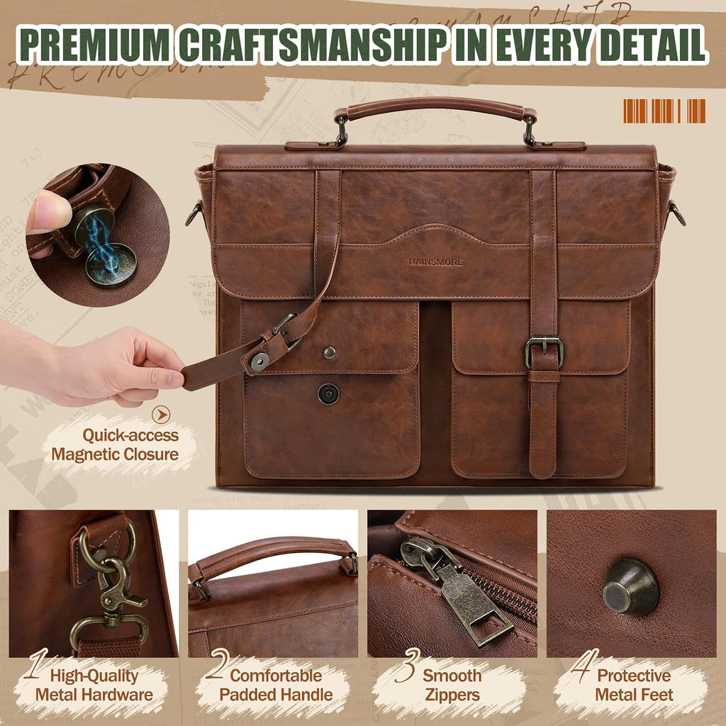 Mens Messenger Bag 17 Inch Vintage Leather Laptop Briefcase Magnetic Closure Large Satchel Computer Shoulder Bag