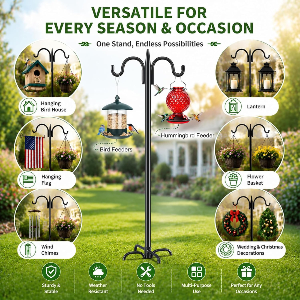 Bird Feeder Pole for Outdoors Heavy Duty, 92 Inch Double Shepherds Hook with 5-Prong Stable Base, 3/4 Inch Thick