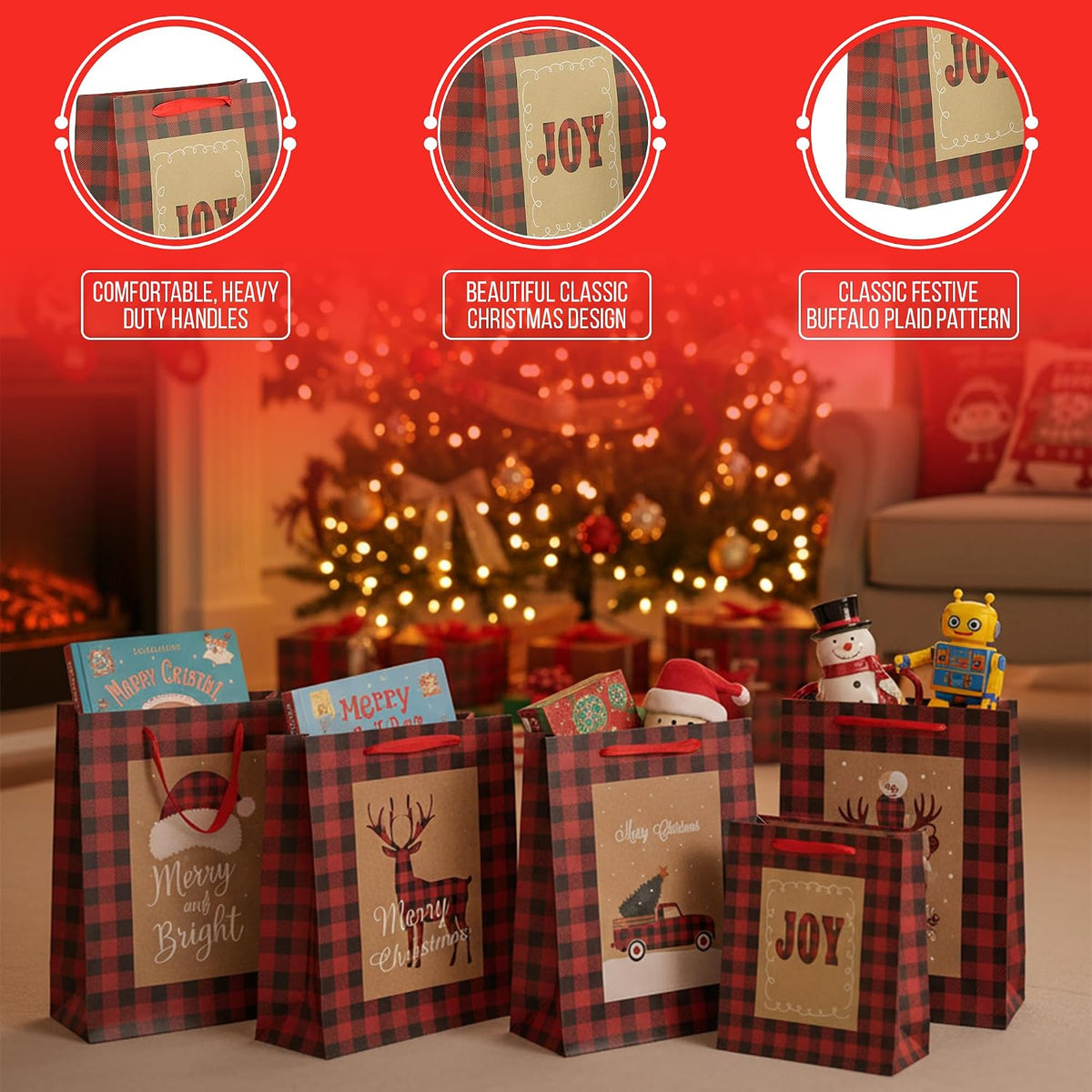 24-Pack Rustic Kraft Buffalo Plaid Christmas Gift Bags 3 Sizes: