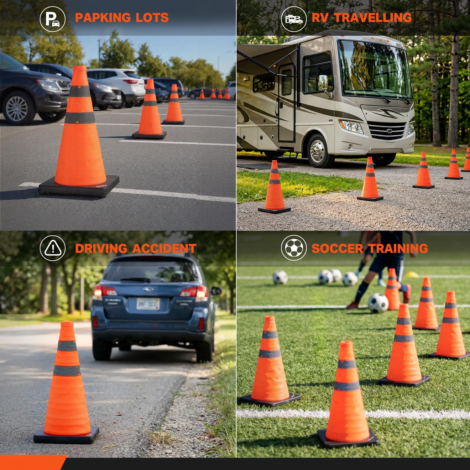18 inch Collapsible Traffic Safety Cones Orange Plastic Base 2 Pack | Collapsible folds flat, reflective strips