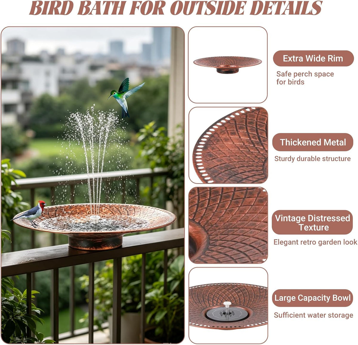 19.6" Large Bird Bath with Solar Fountain, LED & Battery Metal Birdbath
