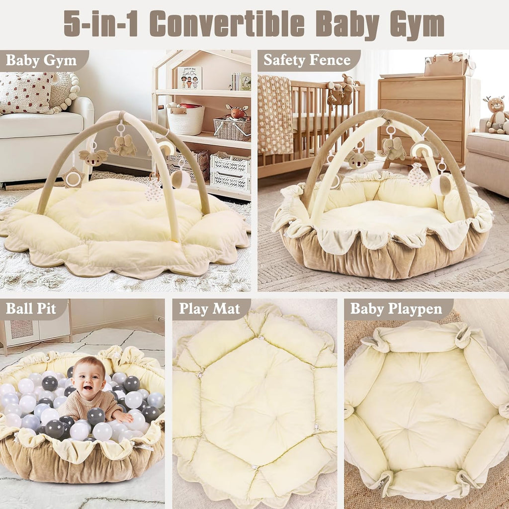 5-in-1 Plush Baby Play Gym, Activity Mat with Convertible Gym, Baby Gym 6 Sensory Toys, Play Center for Newborn to