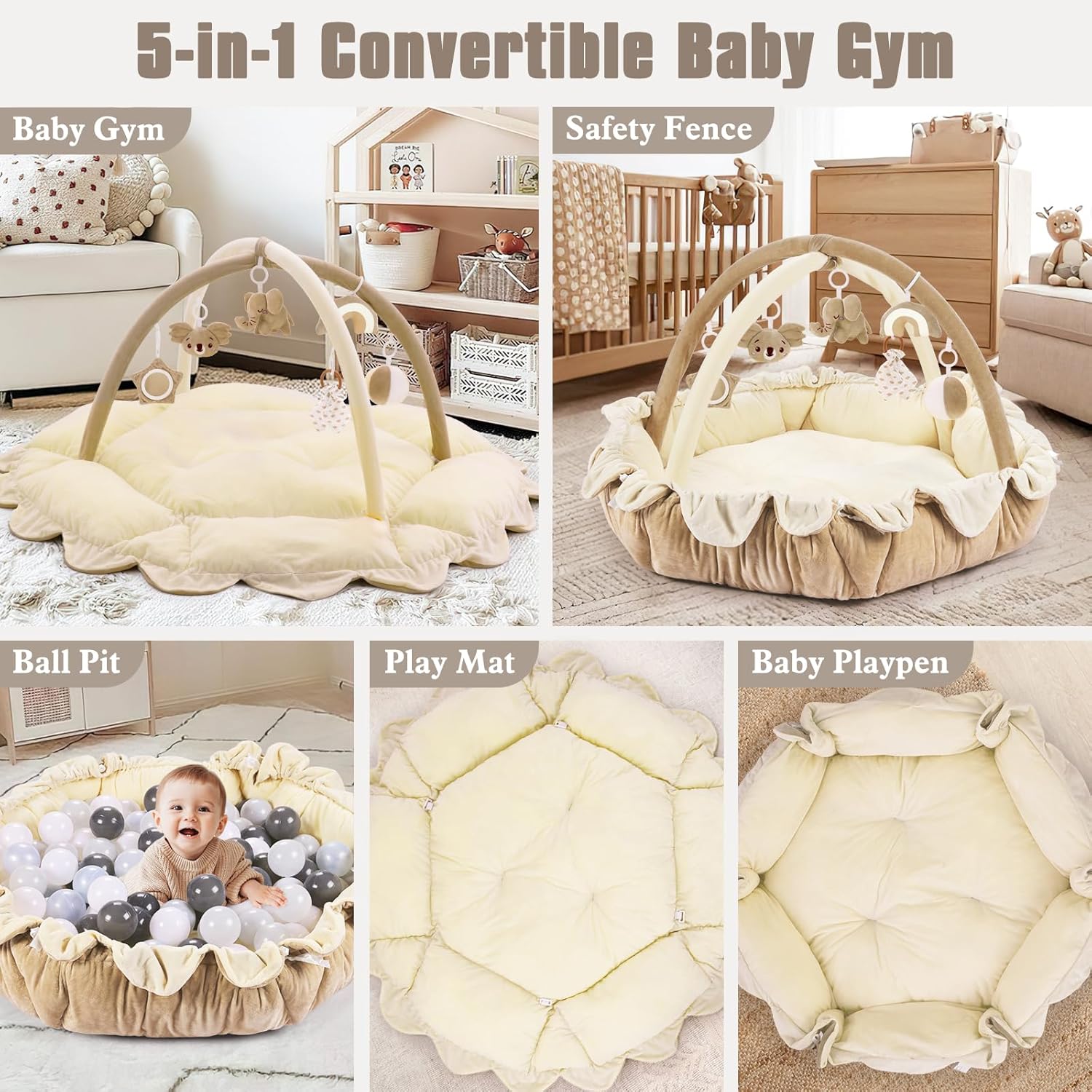 5-in-1 Plush Baby Play Gym, Activity Mat with Convertible Gym, Baby Gym 6 Sensory Toys, Play Center for Newborn to