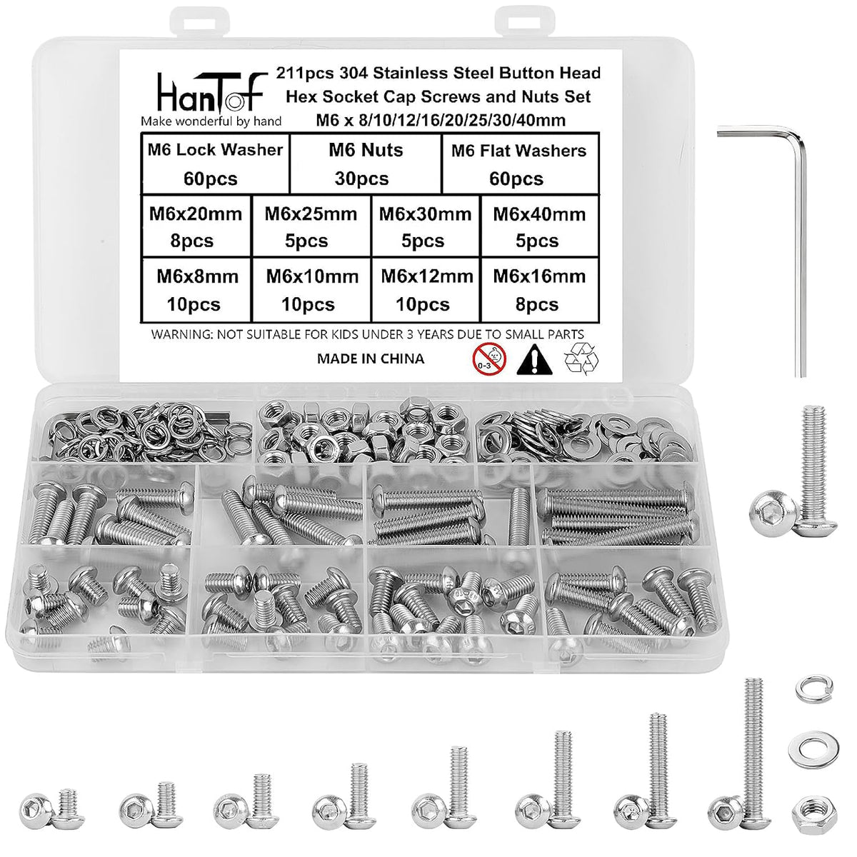 211Pcs Metric M6 Button Head Hex Socket Cap Screws Assortment Kit, M6x 8/10/12/16/20/25/30/40mm Internal Hex Drive Allen Bolts Nuts and Washers Set, 304 Stainless Steel, Fully Threaded, Pitch: 1.0mm