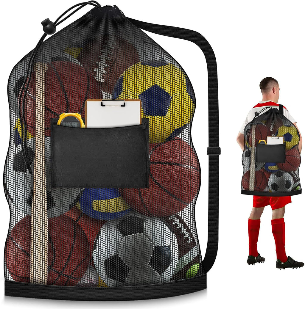 Extra Large Mesh Ball Bag, Heavy Duty 40"x30" Hold 10-12 Soccer Basketball | Drawstring & Adjustable Shoulder Strap