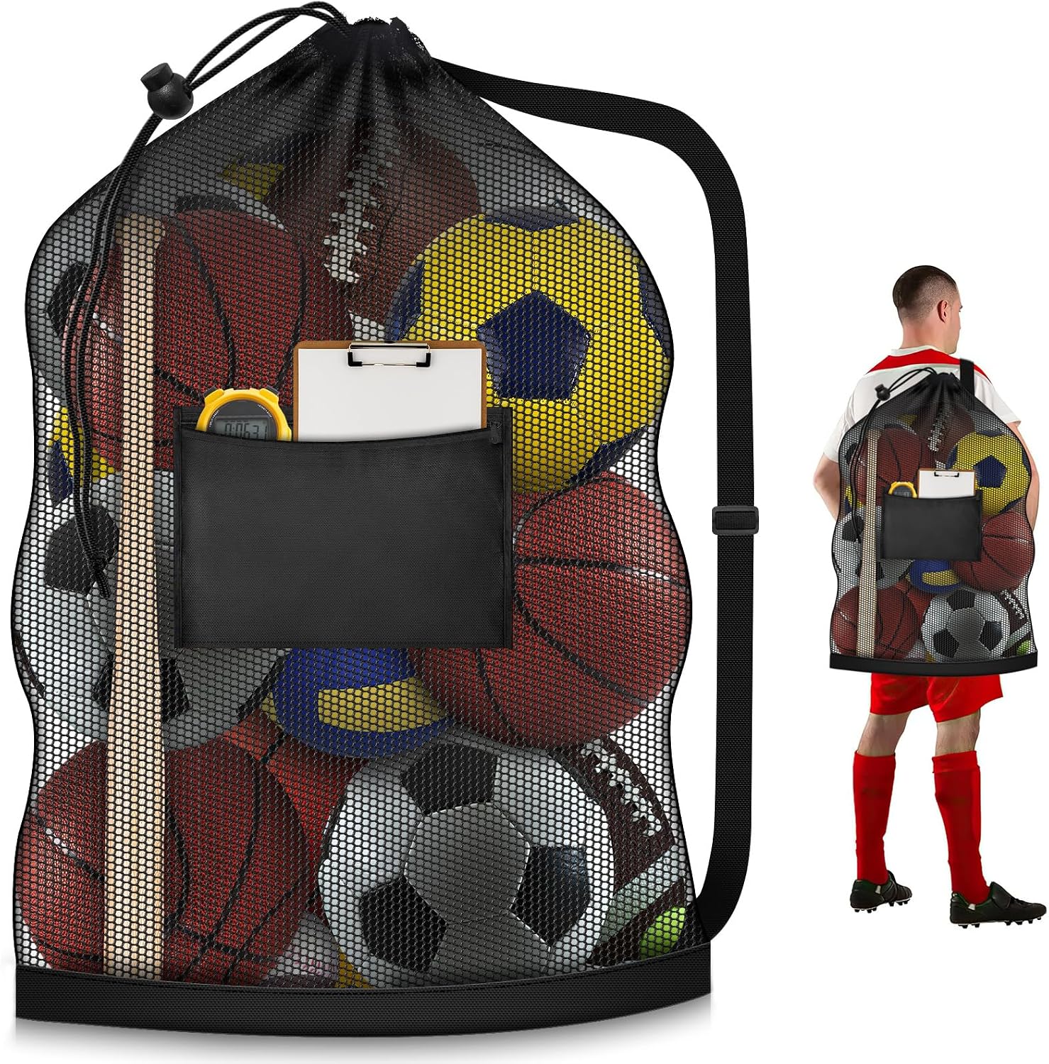 Extra Large Mesh Ball Bag, Heavy Duty 40"x30" Hold 10-12 Soccer Basketball | Drawstring & Adjustable Shoulder Strap