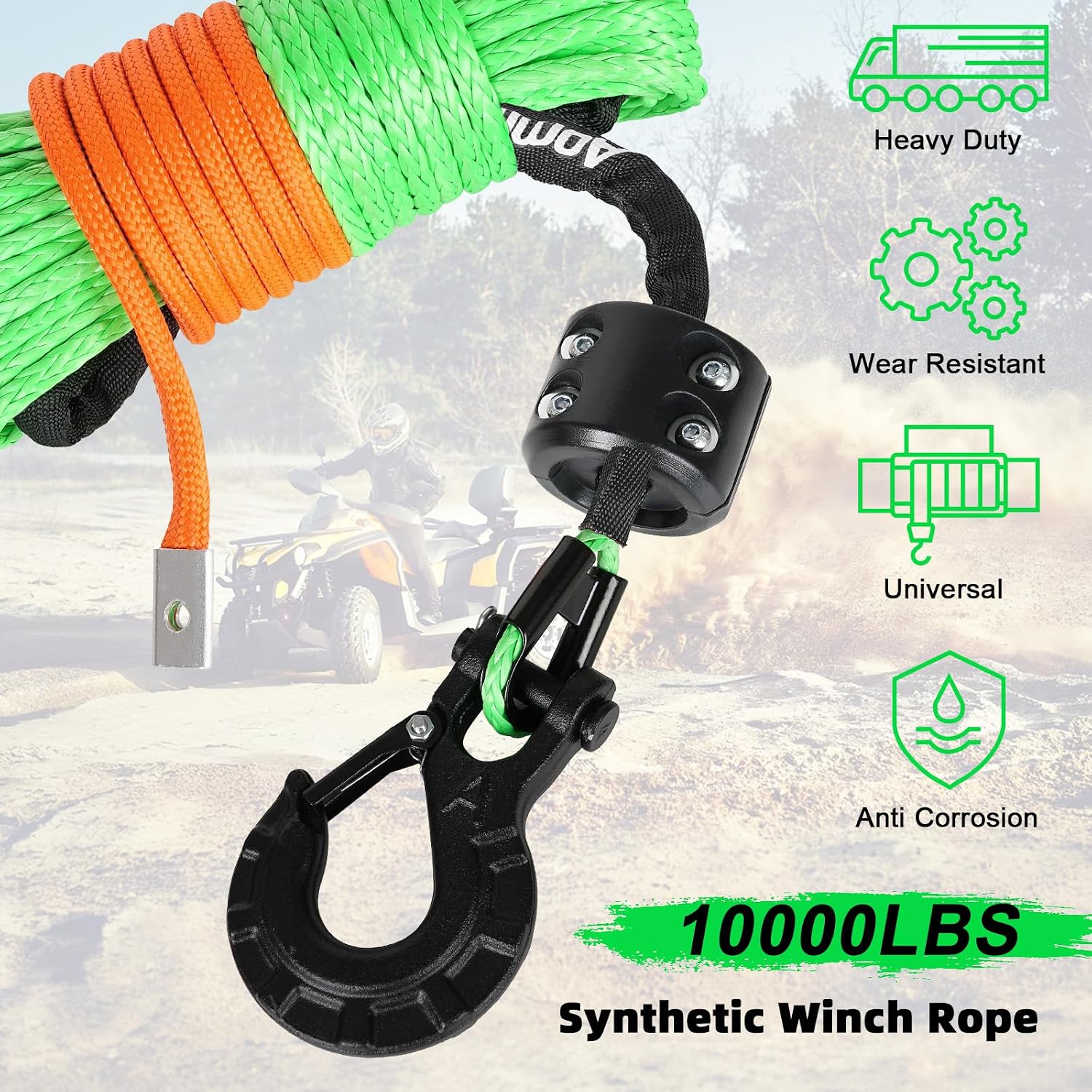 Synthetic Winch Rope,1/4" x 50 ft 10000Lbs Winch Rope Line, Synthetic Winch Cable with Protective Sleeve+Winch