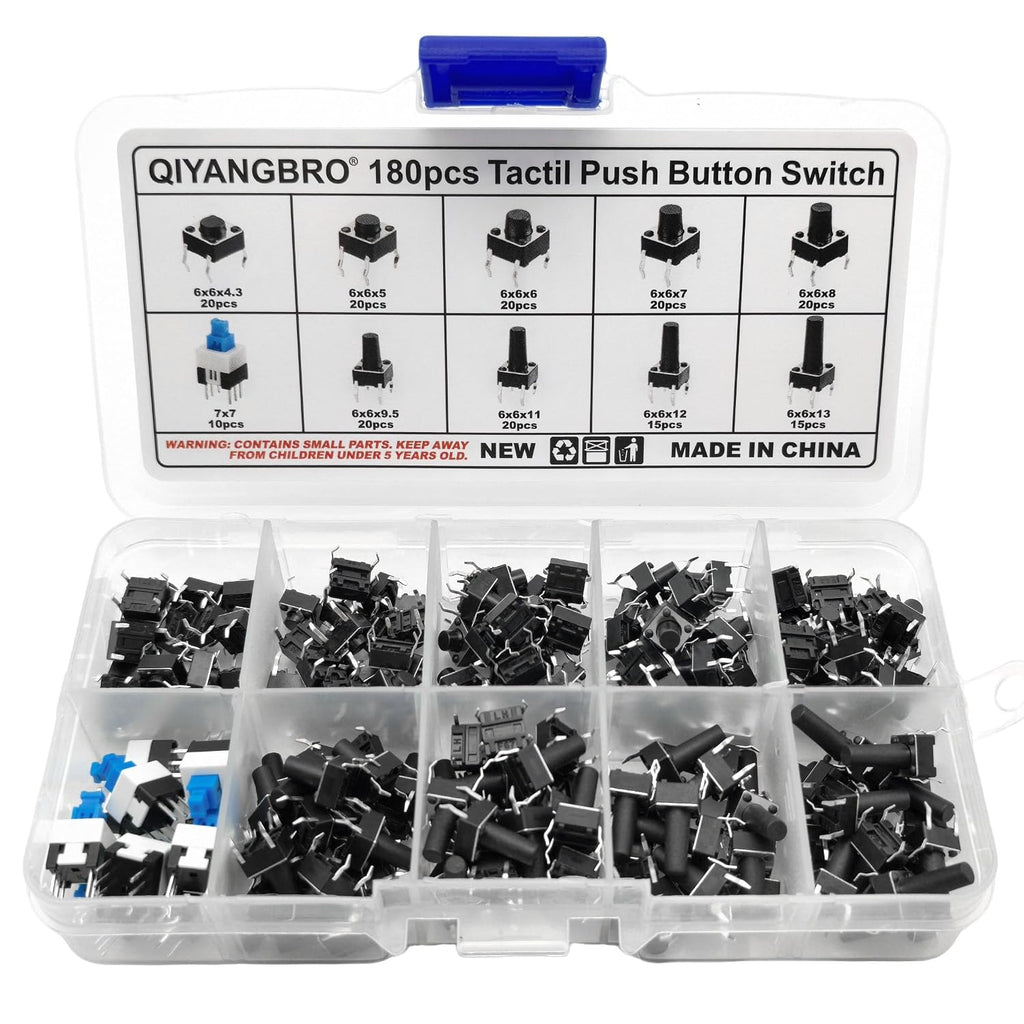 180pcs Tactile Push Button Switch Assortment Kit, 10 Values 6x6mm 4-Pin Micro Momentary Tact Switch Set Commonly Used