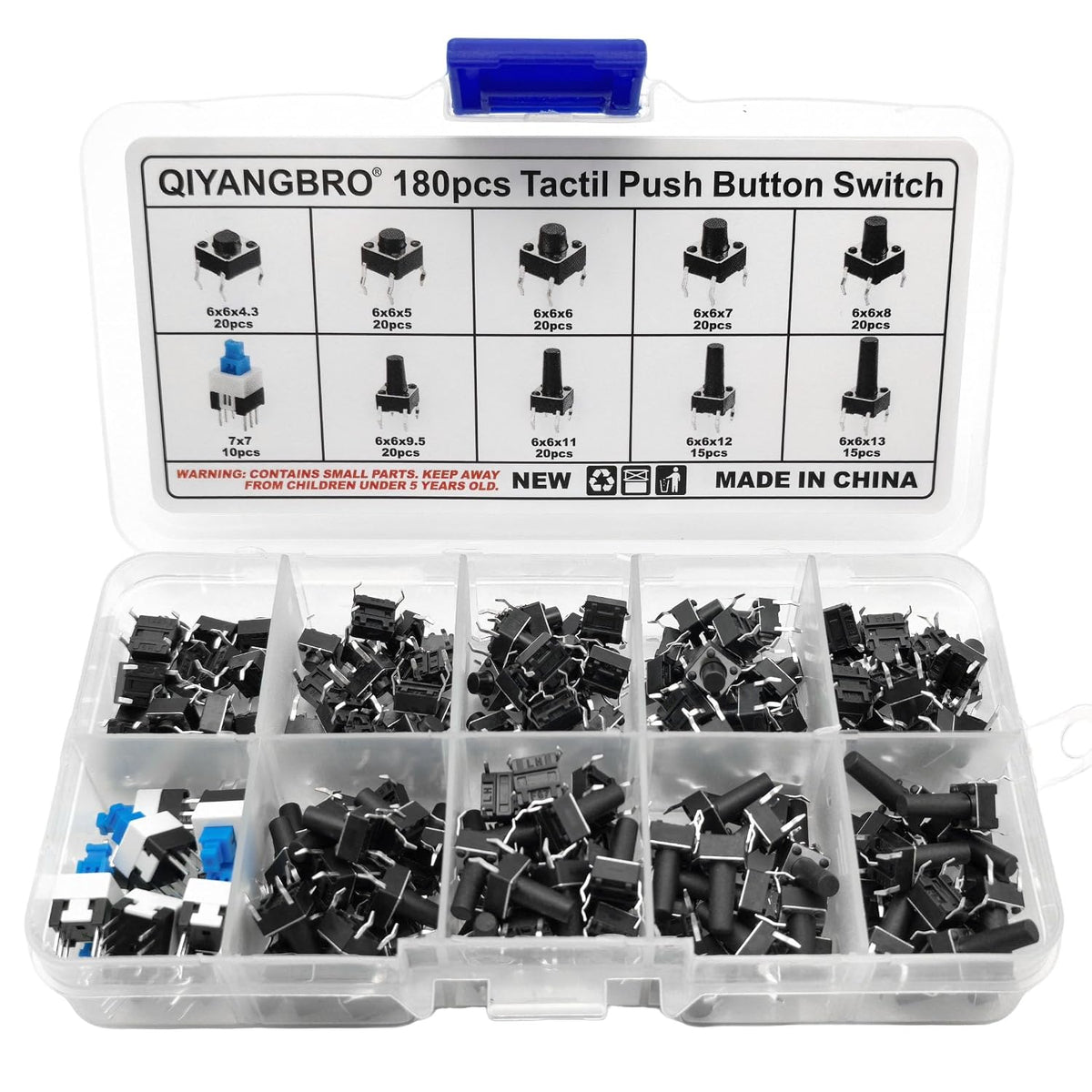 180pcs Tactile Push Button Switch Assortment Kit, 10 Values 6x6mm 4-Pin Micro Momentary Tact Switch Set Commonly Used