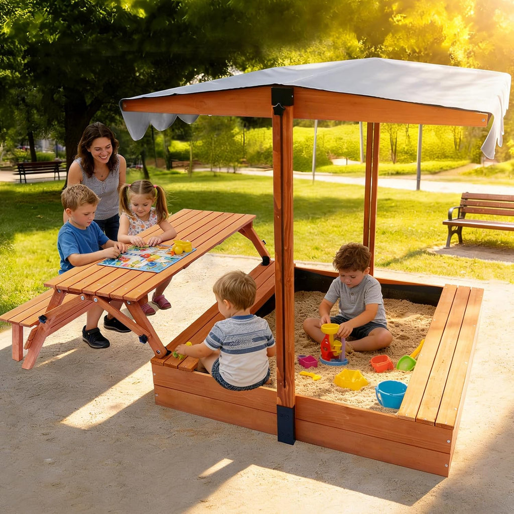 Wooden Sandbox with Lid, Outdoor Sandbox with Foldable Picnic Table, Sandpit with UV-Resistant & Adjustable Capony